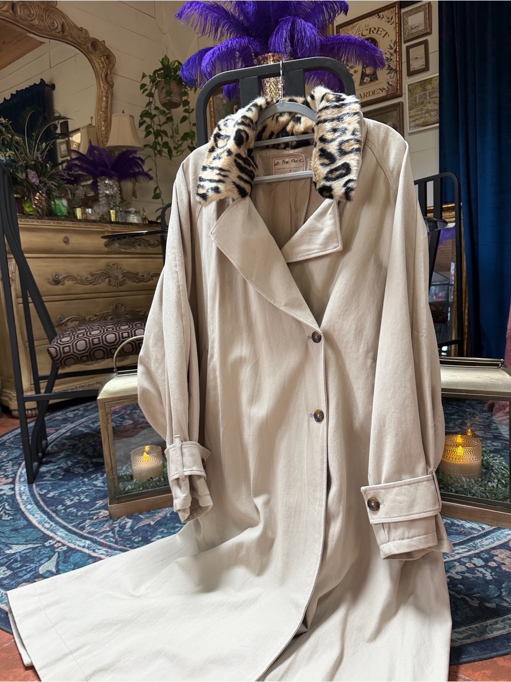 Free People Need it Beige Trench Coat with Leopard Faux-Fur Collar